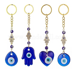 Heart/Hamsa Hand/Teardrop/Flat Round with Evil Eye Lampwork Pendant Keychain, with Alloy Rhinestone Links Connectors and Iron Findings, for Woman Bag Car Key Decoration, Golden, 13.5~15.2cm