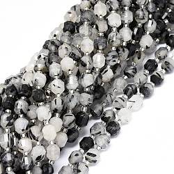 Natürliche turmalinierte Quarz / schwarze Rutilquarz Perlen Stränge, mit Glasperlen, facettiert, Doppelkegel, doppelt abgeschlossene Punktprismenperlen, 7~8x7~8 mm, Bohrung: 0.8 mm, ca. 38 Stk. / Strang, 15.35 Zoll (39 cm)