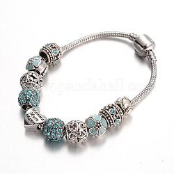 Bracelets en alliage avec perles européennes avec strass, avec chaîne en laiton, aigue-marine, 190mm