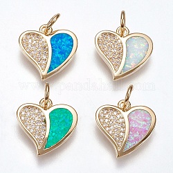 Brass Micro Pave Cubic Zirconia Charms, with Synthetic Opal, Heart, Golden, Mixed Color, 14.5x15x2.5mm, Hole: 4mm