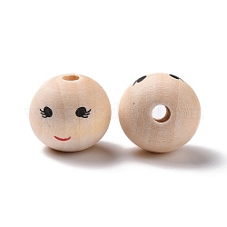 Perles européennes en bois imprimées, perle ronde à gros trou avec motif visage souriant, non teint, bisque, 20x17.5mm, Trou: 4.7mm, environ 217 pcs/500 g
