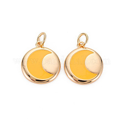 Brass Enamel Pendants, Nickel Free, Real 18K Gold Plated, Flat Round with Moon, Goldenrod, 16x13.5x2mm, Hole: 3mm