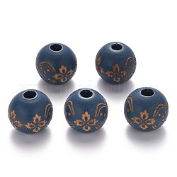 Perle di legno naturale verniciate, motivo inciso al laser, tondo con motivo floreale, Blue Steel, 16x15mm, Foro: 4 mm
