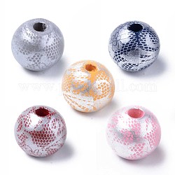 Painted Natural Wood European Beads, Large Hole Beads, Printed, Round with Flower Pattern, Mixed Color, 16x15mm, Hole: 4mm