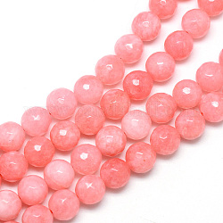 Natural White Jade Bead Strands, Dyed, Faceted, Round, Light Coral, 8~9mm, Hole: 1mm, about 46pcs/strand, 14.76~14.96 inch(37.5~38cm)