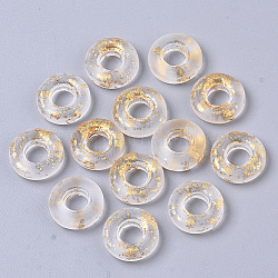 Perles européennes en verre transparent peint par pulvérisation, Perles avec un grand trou   , avec une feuille d'or, donut, clair, 10x3mm, Trou: 4mm