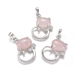 Pendentifs chaton en quartz rose naturel, avec des accessoires en laiton de couleur platine et des strass en cristal, chat en forme de nœud papillon, 32x25.5x7.5mm, Trou: 4.5x7mm