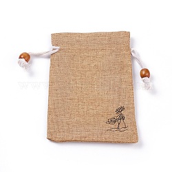 黄麻布製梱包袋ポーチ  巾着袋  木製のビーズで  淡い茶色  14.6~14.8x10.2~10.3cm