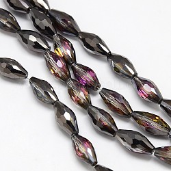 Electroplate Crystal Glass Rice Beads Strands, Faceted, Half Black Plated, 13x6mm, Hole: 1mm, about 50pcs/strand, 24.4 inch