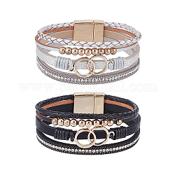 ANATTASOUL 2Pcs 2 Color Imitation Leather Multi-Strand Bracelets Set, Alloy Interlocking Rings Links Punk Bracelets for Women, Mixed Color, 7-5/8 inch(19.5cm), 1Pc/color