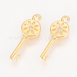 Brass Micro Pave Cubic Zirconia Pendants, Nickel Free, Real 18K Gold Plated, Key, 18x6x1.5mm, Hole: 1mm