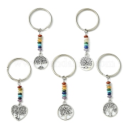 Alloy Flat Round & Heart with Tree of Life Pendant Keychain, with Chakra Gemstone Bead and Iron Split Key Rings, Mixed Shapes, 6.6~6.8cm, Pendant: 18~19.5x15~16.5x1~1.5mm