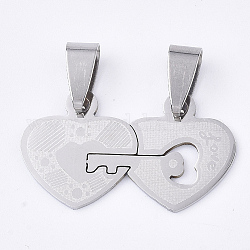 201 Stainless Steel Split Pendants, for Lovers, Heart with Key & Word Love, For Valentine's Day, Stainless Steel Color, 17x30x1mm, Hole: 8x4mm