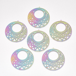 Ion Plating(IP) 304 Stainless Steel Filigree Big Pendants, Etched Metal Embellishments, Flat Round, Rainbow Color, 50x48.5x0.2mm, Hole: 1.5mm
