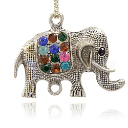 Antique Silver Plated Alloy Rhinestone Elephant Links, Colorful, 28x36x7mm, Hole: 3mm
