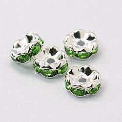 Abalorios de latón Diamante de imitación espaciador, Grado A, rhinestone verde, color plateado, sin níquel, aproximamente 8 mm de diámetro, 3.8 mm de espesor, agujero: 1.5 mm