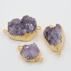 Nuggets Natural Amethyst Links Connectors, with Brass Findings, Golden, 27~35x17~22x12~16mm, Hole: 2mm