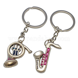 1 Pair Platinum Tone Zinc Alloy Enamel Instrument French Horn & Saxophone Keychain for Valentine's Day Gift, Colorful, Size: about 88~95mm long, 30mm wide, 5~7mm thick
