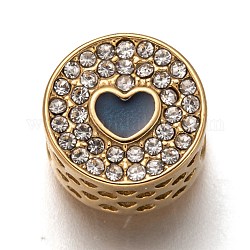 Perles européennes en 304 acier inoxydable, Perles avec un grand trou   , avec l'émail et strass cristal, plat et circulaire avec coeur, or, bleu de Prusse, 11.5x7.5mm, Trou: 4.5mm