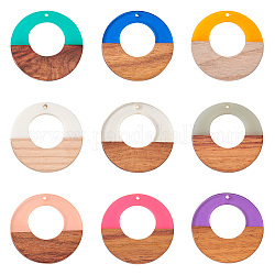 Beadthoven 18pcs 9 couleurs pendentifs en résine et bois de noyer, deux tons, anneau, couleur mixte, 38x3.5mm, Trou: 2mm, 2 pcs / couleur