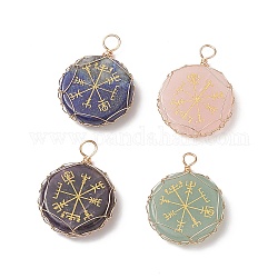 4Pcs 4 Styles Natural Mixed Gemstone Copper Wire Wrapped Pendants, Flat Round Charms with Viking Pattern, Golden, Mixed Dyed and Undyed, 35x26x6.5mm, Hole: 4mm, 1pc/style