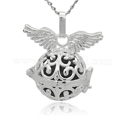 Silver Tone Brass Cage Pendants, Hollow Round with Wing, with No Hole Spray Painted Brass Round Ball Beads, Black, 31x30x21mm, Hole: 3x8mm
