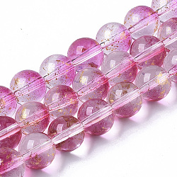 Transparent Spray Painted Glass Bead Strands, with Golden Foil, Round, Camellia, 8~9mm, Hole: 1.2~1.5mm, about 46~56pcs/Strand, 14.37 inch~16.3 inch(36.5~41.4cm)