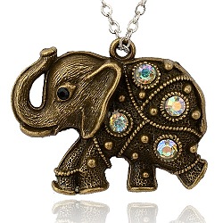 Tibetan Style Alloy Rhinestone Animal Pendants, Elephant, Antique Bronze, Nickel Free, Crystal AB, 48x38x7mm, Hole: 3mm