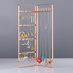 Soportes plegables para pendientes con pantalla de hierro, 2 panel organizador de joyas para almacenamiento de pendientes y collares., Rectángulo, oro rosa, 18x28x0.8 cm