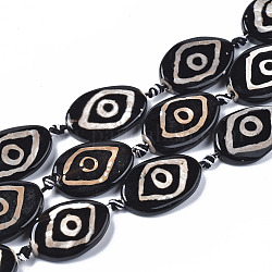 Chapelets de perles de style tibétain, perles d'agate tibétaine naturelle, teinte, ovale, 1 œil, 29~32x20~22x5~8mm, Trou: 1.6mm, Environ 10 pcs/chapelet, 14.17~14.96 pouce (36~38 cm)