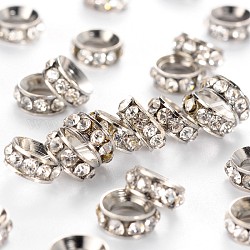 Perles séparateurs en laiton avec strass, Grade a, rondelle, de couleur métal platine , cristal, 7x3.3mm, Trou: 3.5mm