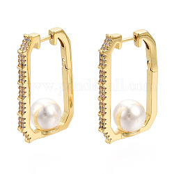 Clear Cubic Zirconia Rectangle with Plastic Pearl Hoop Earrings, Brass Jewelry for Women, Nickel Free, Real 18K Gold Plated, 28x16.5x2.5mm, Pin: 0.9mm