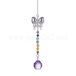 Glass Teardrop Pendant Decorations, with Acrylic Butterfly and Glass Beads for Home Decorations, Plum, 232mm