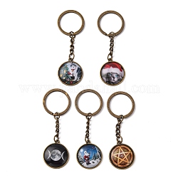 Alloy Keychain, Wicca Jewelry, with Glass, Flat Round with Mixed Patterns, Antique Bronze, 80x25mm