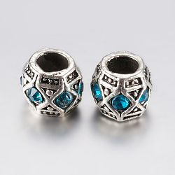 Perle europee di strass in lega di stile tibetano, perline con foro grande, barile, argento antico, azzurro, 10x8mm, Foro: 5 mm