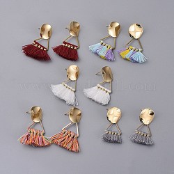Polycotton(Polyester Cotton) Tassel Dangle Stud Earrings, with Brass Findings, Mixed Color, 39~42mm, Pin: 0.7mm