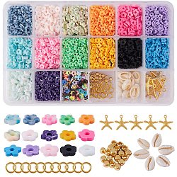 DIY-Schmuck machen Kits, inklusive Fimo-Perle, natürliche gemischte Kaurimuschel Perlen, Legierungsanhänger und Messing-Biegeringe, Mischfarbe, 4x4x1 mm, Bohrung: 2 mm, 135 g / box