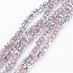 Electroplate Glass Bead Strands, Half Silver Plated, Faceted, Rondelle, Pink, 6x4mm, Hole: 1mm, about 87~90pcs/strand, 15.7 inch