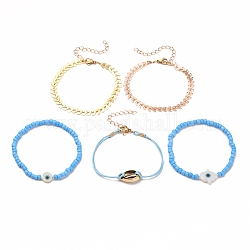 Ensembles de bracelets, y compris les bracelets en chaîne d'épis de laiton, bracelets extensibles en graines de verre, avec perles de coquillage naturel mauvais œil, cordon en polyester ciré et 304 fermoir pince de homard en acier inoxydable, couleur mixte, 2 pouce (5.1 cm), 7.17~7.28 pouce (18.2~18.5 cm), 5 pièces / kit