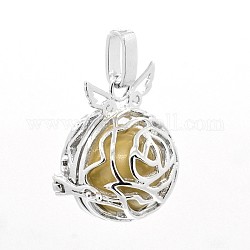 Platinum Tone Brass Cage Pendants, Chime Ball Pendants, with Brass Spray Painted Round Beads, Lead Free & Nickel Free & Cadmium Free, Pale Goldenrod, 28x25x21mm, Hole: 7x3mm