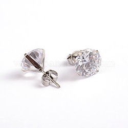 Flat Round  Cubic Zirconia Stud Earrings, with 304 Stainless Steel Pins, Stainless Steel Color, 5mm, Pin: 0.9mm