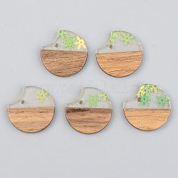 Transparent Resin & Walnut Wood Pendants, with Snowflake Glitter Sequins, Gap Flat Round, Clear, 23x24.5x3mm, Hole: 2mm