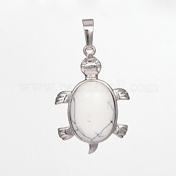 Natural Tortoise Gemstone Pendants, with Brass Findings, Cadmium Free & Lead Free, Platinum, White, 33.5x22x7mm, Hole: 5mm
