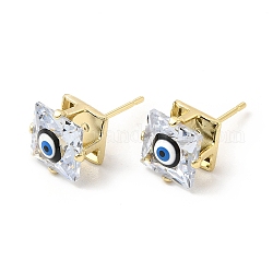 Square Glass with Enamel Evil Eye Stud Earrings, Real 18K Gold Plated Brass Jewelry for Women, Black, 9x9mm, Pin: 0.7mm