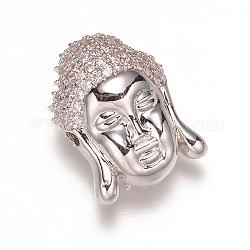 Buddha Head Brass Micro Pave Cubic Zirconia Beads, Platinum, 18x13x11mm, Hole: 1.5mm