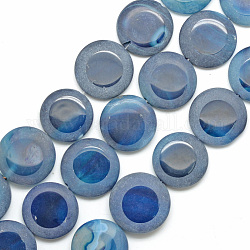 Natural Agate Beads Strand, Half Frosted, Dyed, Flat Round, Marine Blue, 24~27x5~7.5mm, Hole: 2.5mm, about 15pcs/strand, 15.5 inch