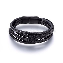 Кожаный шнур многожильных браслеты, с 304 из нержавеющей стали магнитной застежкой, прямоугольные, металлический черный, 7-7/8 дюйм (20 см), 12x6мм