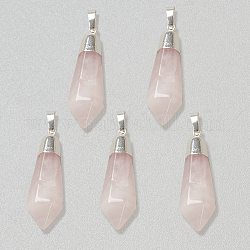 Pendentifs de quartz rose naturel, avec les accessoires en laiton argent, facette, balle, 40x12x11mm, Trou: 7x5mm