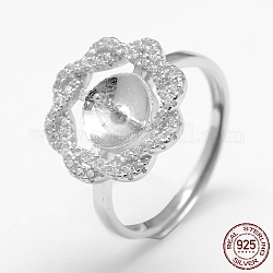 Componenti dell'anello in argento sterling placcato rodio regolabili, per mezzo forato perle, con zirconi micro pave, fiore, platino, 925mm, vassoio: 17mm, ago :7mm