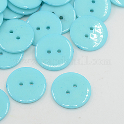 Botones de costura de acrílico, botones de plástico para el diseño de vestuario, 2 agujero, teñido, plano y redondo, cian, 15x2mm, agujero: 1 mm
